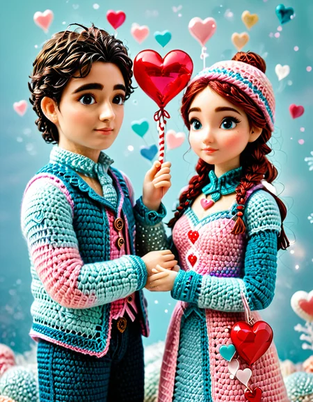 Life-sized crocheted couples frozen in awkward, imperfect poses; hands barely touching, misaligned eyes, and distorted hearts floating above them; soft pastel colors; delicate crochet textures combined with resin transparency; surreal yet tender; humorous yet introspective; celebrating human flaws. <lora:SDXLFaeTastic2400:0.4> <lora:extremely_detailed:0.4> extremely detailed, <lora:cr0ch3t3d:1>,cr0ch3t3d, Masterpiece,best quality,hi res,8k,hi res,8k,award winning,(sharp focus, intricate, highly detailed),