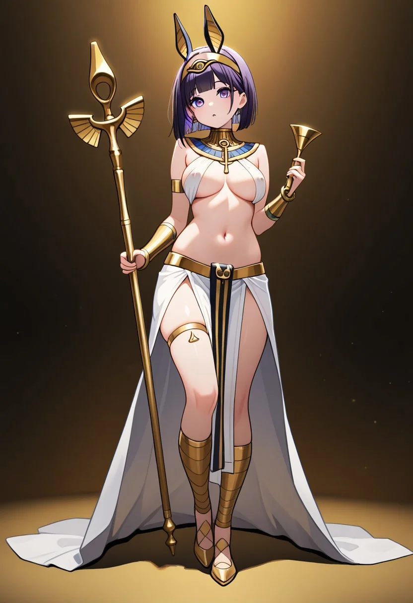 masterpiece, best quality, 32k, high resolution, absurdres, egyptian clothes, holding, stomach, hairband, parted lips, gold, short hair, full body, circlet, covered nipples, purple eyes