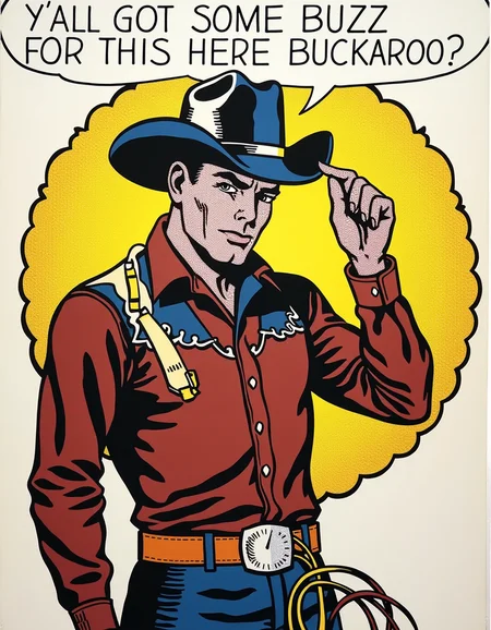 a dilchtnstn style pop art comic drawing, <lora:Roy-Lichtenstein_v20-000037:1>, A cowboy tipping his hat with a lasso in hand, a speech bubble saying, "YâALL GOT SOME BUZZ FOR THIS HERE BUCKAROO?" close-up, straight-on angle