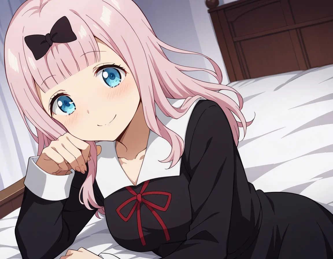 score_9, score_8_up, score_7_up, source_anime,
chikafujiwara, <lora:chika-fujiwara-s3-ponyxl-lora-nochekaiser:1>,
chika fujiwara, long hair, bangs, blue eyes, bow, pink hair, hair bow, blunt bangs, black bow, smile, mature female,
long sleeves, dress, ribbon, school uniform, collarbone, black dress, sailor collar, white sailor collar, red ribbon, neck ribbon, shuuchiin academy school uniform,
indoors, bed, bed room, on side, blush, drunk,
looking at viewer, cowboy shot, dutch angle,