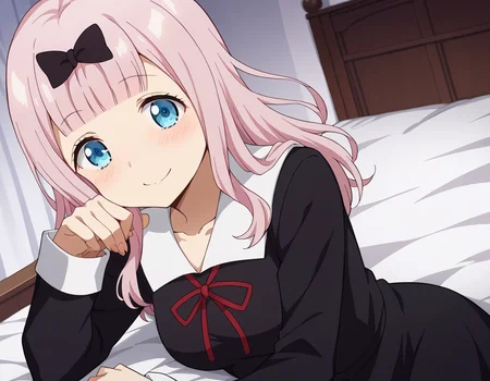 score_9, score_8_up, score_7_up, source_anime,
chikafujiwara, <lora:chika-fujiwara-s3-ponyxl-lora-nochekaiser:1>,
chika fujiwara, long hair, bangs, blue eyes, bow, pink hair, hair bow, blunt bangs, black bow, smile, mature female,
long sleeves, dress, ribbon, school uniform, collarbone, black dress, sailor collar, white sailor collar, red ribbon, neck ribbon, shuuchiin academy school uniform,
indoors, bed, bed room, on side, blush, drunk,
looking at viewer, cowboy shot, dutch angle,