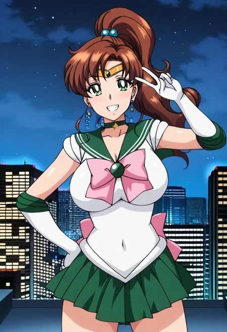 illustrioustrexxx, source_anime, anime studio, masterpiece, best quality, BREAK 1girl, mature female, sailor jupiter, green sailor collar, green skirt, sailor senshi uniform, ponytail, brown hair, green eyes, grin, v, victory pose, standing on the rooftop of a skyscraper, Japanese city in the background, night sky, moonlight, <lora:T-Rex_Studio_Style_-_Illustrious:1>