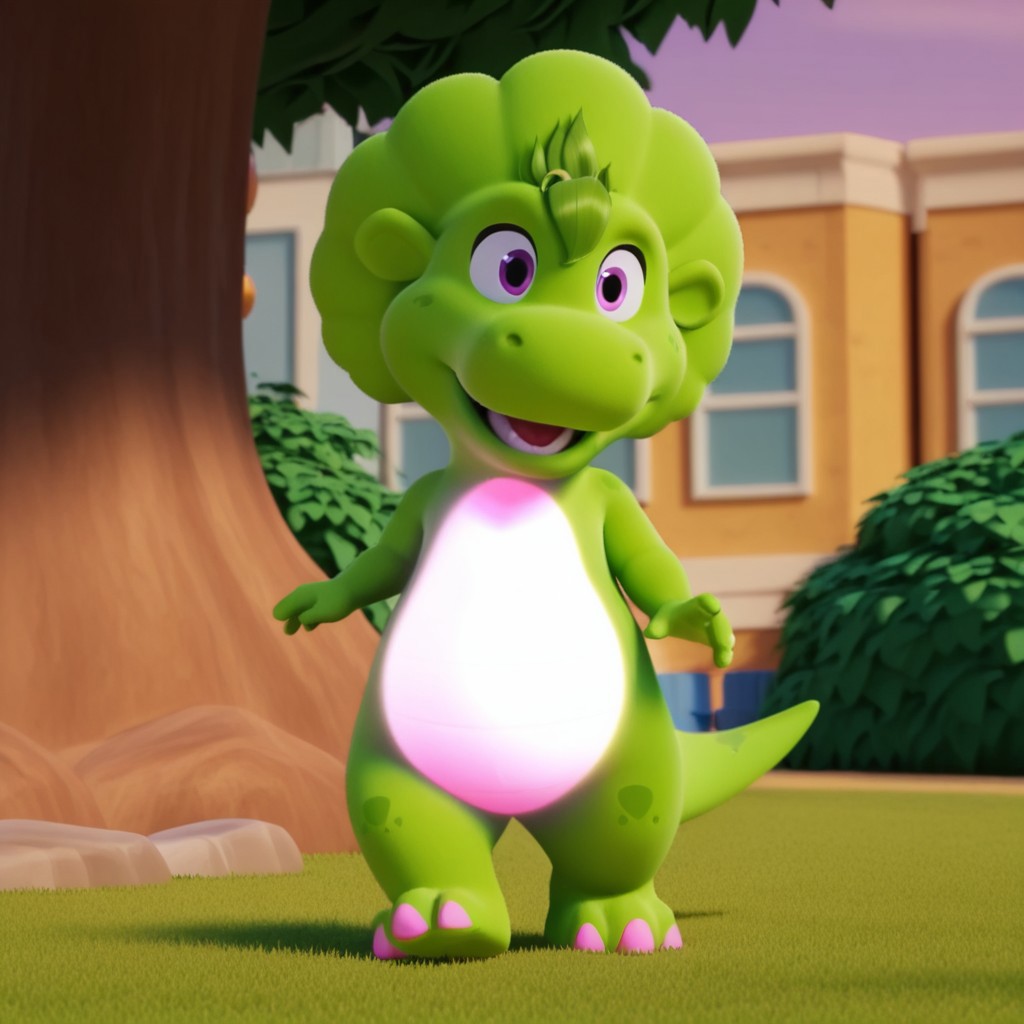 ((masterpiece, best quality, amazing quality,))  bopbwil, semi-anthro, female, dinosaur, green skin, green hair tuft, purple eyes, solo, outside, full body, glowing pink heart