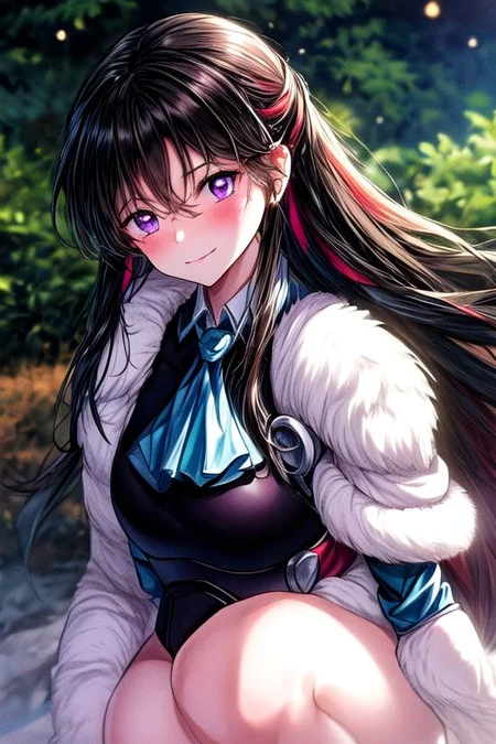 masterpiece, best quality 1girl Setsun4 solo long hair, (night time) forest background black hair very long hair purple eyes multicolored hair armor (fur trim) (medium body),<lora:EMS-179-EMS:0.800000>,<lora:EMS-293862-EMS:0.800000> bow, hair_bow, hair_tubes, red_bow, brown_hair, long_hair, bangs, ascot, frilled_bow, yellow_ascot, blush, smile, hair_between_eyes, athletic, armor