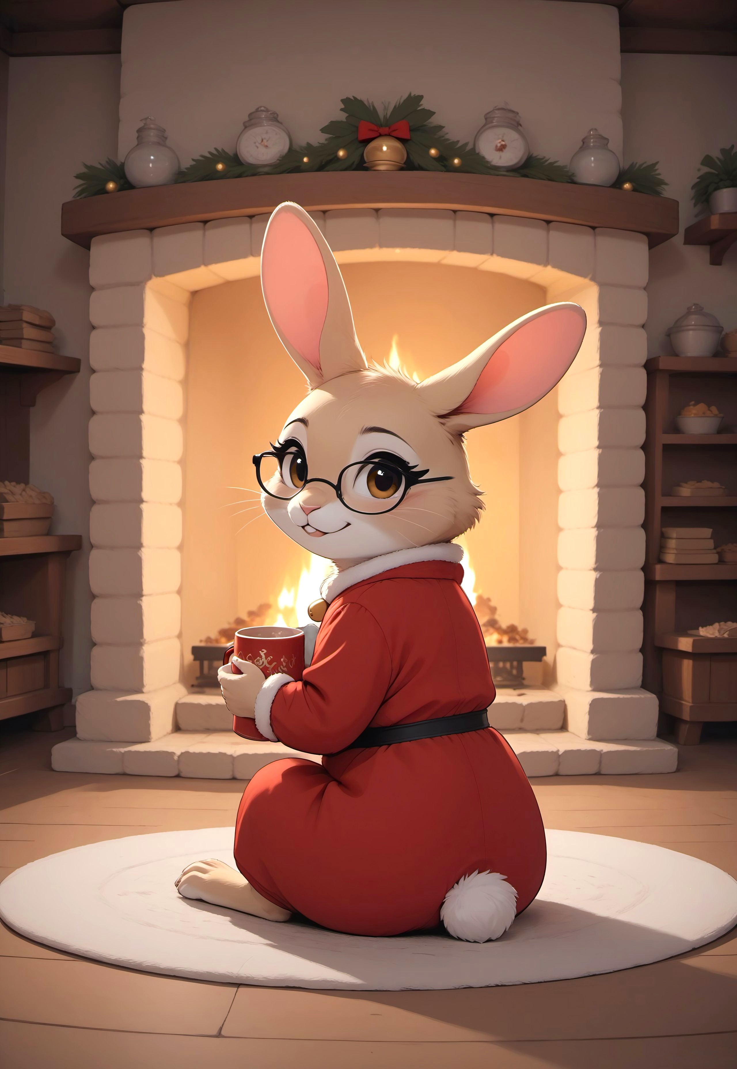 score_9, score_8_up, score_7_up, score_6_up, score_5_up, score_4_up, (((rabbit))), Christmas dress, (cute), (feral:1), beige fur, brown eyes, glasses, neck bell, (sitting:1.2), indoors, (fireplace:2.5), cottage, bookshelves, (chibi:0.2), (holding mug), (looking back), looking at viewer, (rabbit tail:1,5), Christmas,