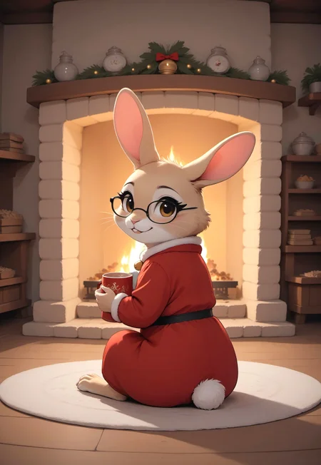 score_9, score_8_up, score_7_up, score_6_up, score_5_up, score_4_up, (((rabbit))), Christmas dress, (cute), (feral:1), beige fur, brown eyes, glasses, neck bell, (sitting:1.2), indoors, (fireplace:2.5), cottage, bookshelves, (chibi:0.2), (holding mug), (looking back), looking at viewer, (rabbit tail:1,5), Christmas,