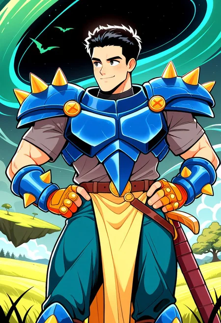 masterpiece, best quality, amazing quality, very aesthetic, absurdres, newest, 1boy, dionffl3, black hair, muscular, spiked pauldrons, blue armor, dark gray shirt, orange fingerless gloves, sheathed sword, yellow loincloth, belt, teal pants, blue greaves, cowboy shot, (view from the side:1.4), hands on own hips, smiling, lush grassland, floating islands