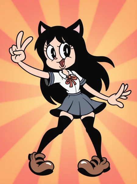 RetroXL, toon \(style\), flat color, black eyes,
1girl, long hair, black hair, school uniform, white shirt, red ribbon, bright pupils, cat ears, skirt, thighhighs, v, happy, open mouth,
front, looking at viewer, (dynamic pose:1.1), full body, colorful background,
<lora:RetroToonXL_Style-10-IL:1>
