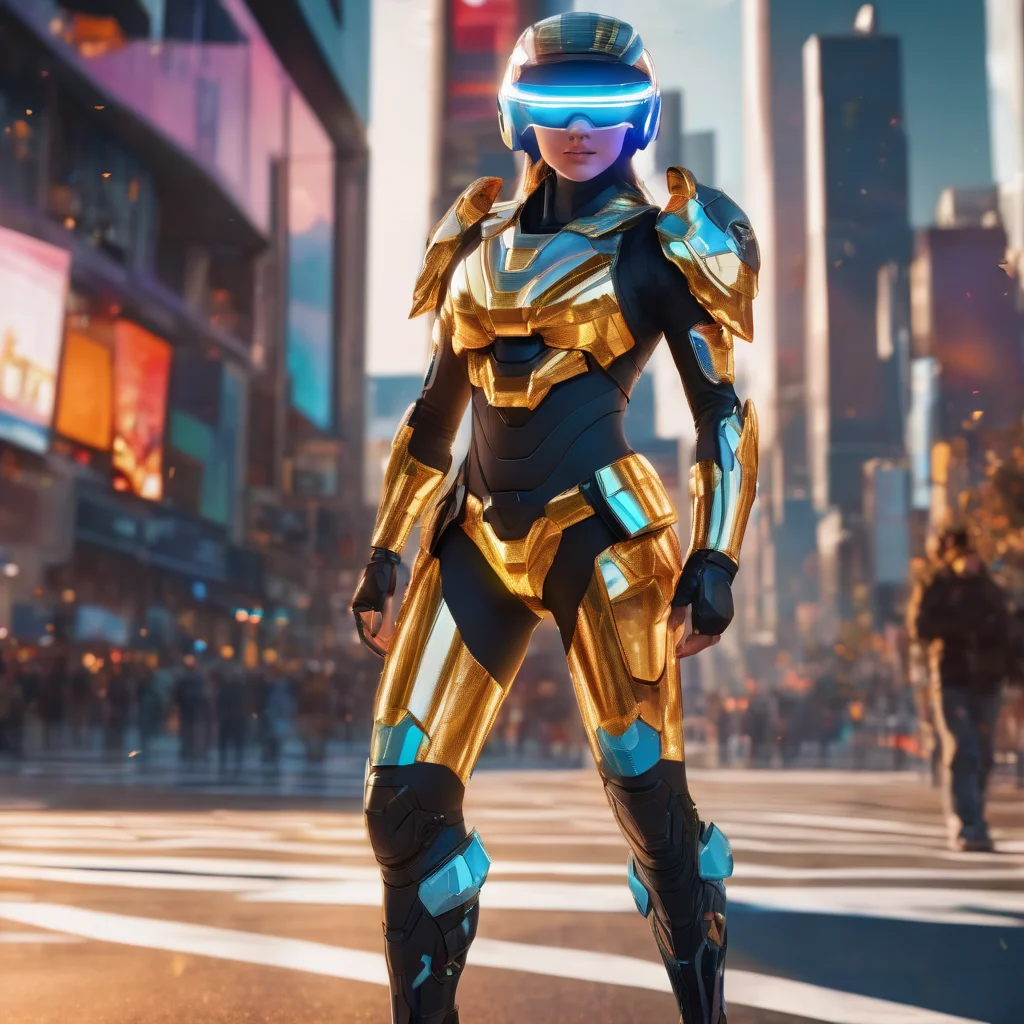 ((best quality)), ((masterpiece)), ((realistic)), (detailed), female Virtual Crime Specialist, Nano-infused Mutants, Mutants with nanobots integrating into their bodies, granting extraordinary abilities, Golden age, Delicate, Maori, Blue eyes, Round Chin, High Forehead, Athletic Triceps, , Black Bob cut hair, Interest, Solar-powered Radiance, Character basks in sunlight with arms outstretched, absorbing solar energy through integrated panels, wearing Holo-Foil Biker Shorts, Quantum Neon Cargo Pants, , , andAugmented Reality Visor and, Graceful Stride, Character walks with a smooth and elegant gait, displaying grace and poise., Happening, , Essential, Toon Shading, Creation Engine, Ethereal, Cyanotype Printing, Impressionistic, , Dispersion (Chromatic Aberration), Bokeh Patterns, UHD, Imaginative,, ((masterpiece)), 8K, HDR