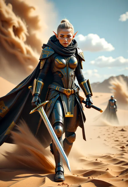 A cinematic scene unfolds in a desert landscape, where a Valenar Elf warrior, a fusion of ancient traditions and high-tech innovations, stands ready for battle. Her clothing, a blend of traditional elven attire and futuristic technology, includes a high-tech cloak and armor, enhancing her agility and protection. The warrior, with her sword drawn, faces the sandstorm, her determined expression capturing the essence of resilience and strength. This high-resolution photograph, with its dynamic composition, energetic pose, and hyper-realistic details, utilizes dramatic lighting and shallow depth of field to create a captivating image, leaving viewers enthralled by the warrior's beauty, power, and the mysteries of the desert's harsh environment. <lora:scifi/fluxPunk_v1.safetensors:1.0>, <lora:flux/Sinfully_Stylish_.02_for_FLUX-000002.safetensors:1.0>, <lora:flux/perfection style v2d.safetensors:1.0>, perfection style, <lora:flux/ARTifacts>,
