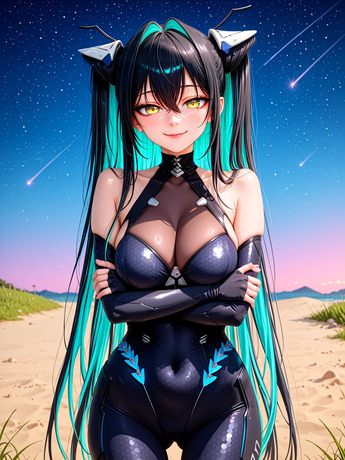 1girl, solo, sirenlittlemermaidnikke, very long hair, hair intakes, twintails, hair between eyes, multicolored hair, colored inner hair, two-tone hair, black hair, aqua hair, yellow eyes, large breasts, BREAK,
black bodysuit, backless bodysuit, halterneck, covered navel, bare shoulders, gloves, hexagon print, honeycomb \(pattern\), honeycomb print, <lora:Little_Mermaid_Siren:1>, BREAK,
smile, looking at viewer, crossed arms, ass visible through thighs, cowboy shot, BREAK,
grass, sand, starry sky background, gradient background, pink background, blue background