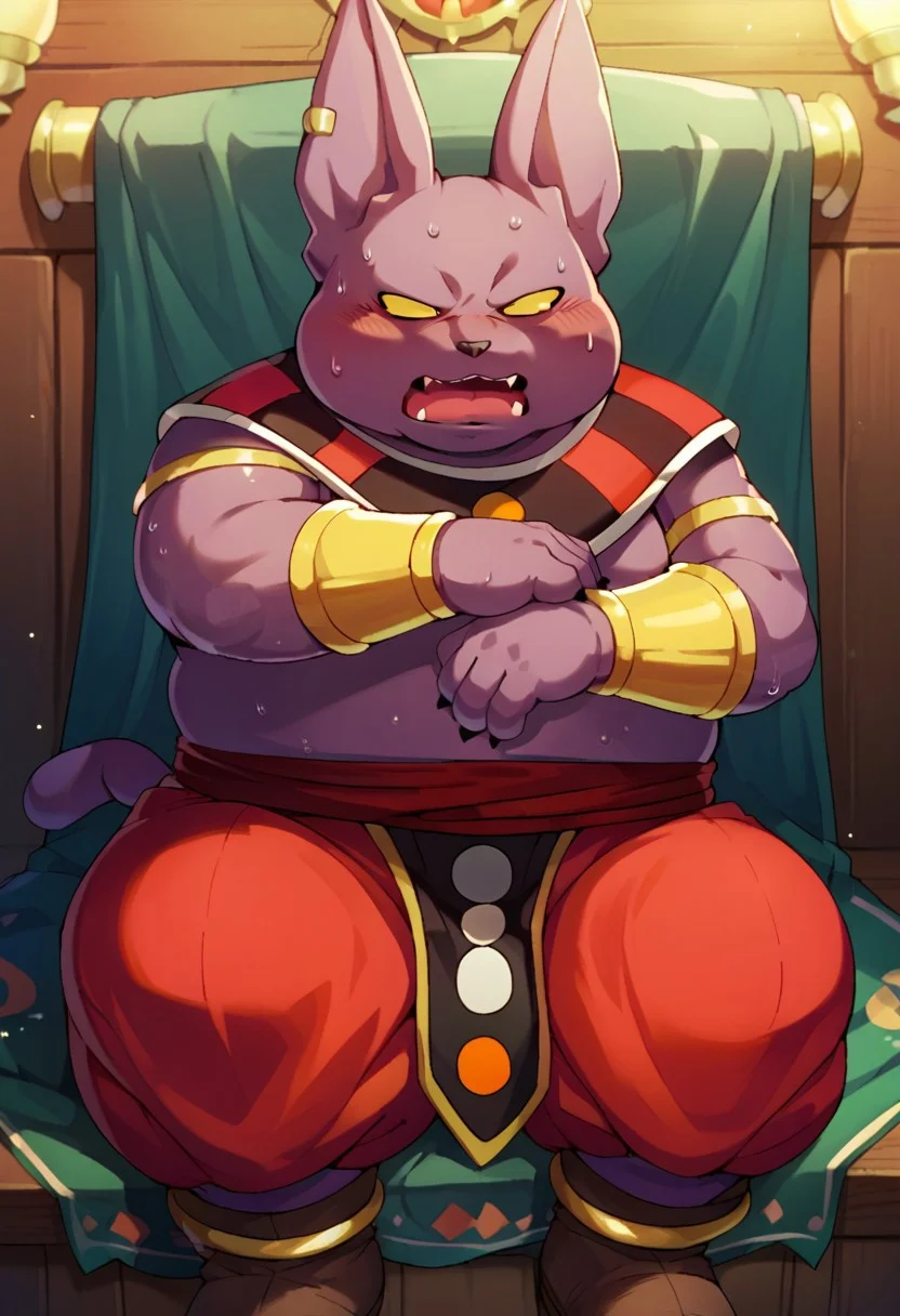score_9, score_8_up, score_7_up, source_furry, anthro male, cat, dbschampa, bracelet, open mouth, fat man, sitting, bracer, sweat, blush