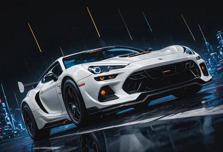 white super car, sci-fi, sleek and long, cyberpunk, dynamic, high speed turn, high-tech, dutch angle, foreshortening, (dark space :1), (flat lighting, flat color, flat design, no lineart:1), spot color, film grain, local spot color, neon, pearlescent, masterpiece, best quality, amazing quality, very aesthetic, absurdres, newest, mcnm,
