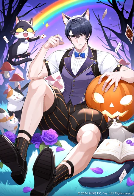 very awa, masterpiece, best quality, year 2024, newest, highres, absurdres, <lora:age_slider_v4:3> <lora:thicc_v1.4-pony:1.2>,detailed_background,outdoors,purple eyes,shorts,black shorts,vertical-striped shorts,male focus,tail,purple flower,book,mushroom,v-shaped eyebrows,shirt,solo,halloween,striped clothes,sparkle,fang,diamond \(shape\),:d,cat girl,rose,cat,black hair,open book,black footwear,puffy shorts,flower,white shirt,animal,hair between eyes,open mouth,cat ears,striped shorts,vertical-striped clothes,playing card,bow,short sleeves,animal ear fluff,petals,tears of themis,socks,kemonomimi mode,ribbed socks,cheshire cat \(alice in wonderland\),marius von hagen \(tears of themis\),blush stickers,shoe soles,official art,black socks,rainbow,1boy,vest,+ +,card,copyright name,cat tail,purple vest,smile,blue bow,animal ears,alice in wonderland,purple rose,crossover