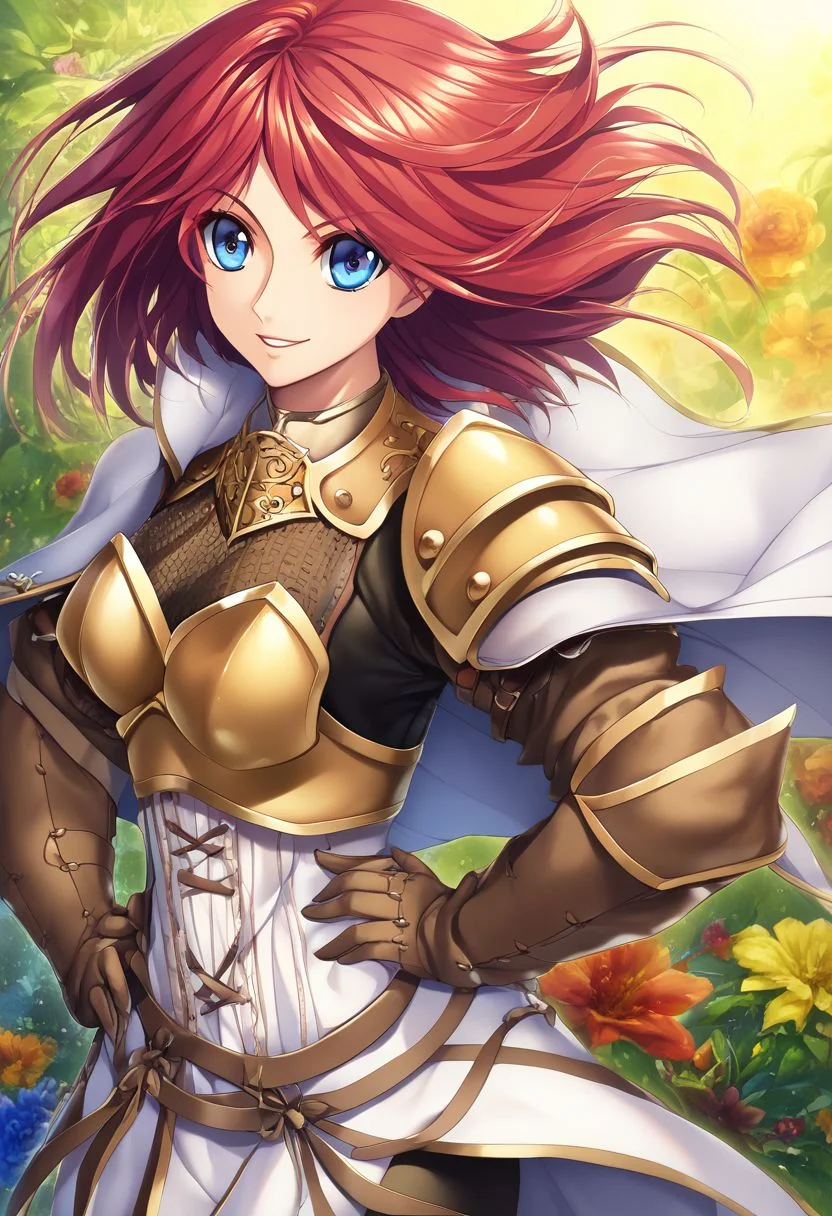 1girl, solo, red hair, red eyes, short hair, Hands on hips, headdress, serious, bodysuit, skirt, collar, breast plate, single shoulder pad, elbow gloves, black thighhighs, boots, greaves, standing, outdoors, <lora:Cecily XL:1>, score_9, score_8_up, score_7_up, score_6_up, score_5_up, score_4_up, BREAK source_anime, masterpiece, (masterpiece:1.1), (best quality:1.1), 1girl, Real light and shadow, anime face, 4k, 8k, wallpaper,epic, detail texture, Red hair, (blue eyes:1.5), ((((Red hair:1.35, medium hair)))),intricate eyes,beautiful detailed eyes,symmetrical eyes,big eyes:1.5,detailed body,(detailed face)), cute, erotic,daring, (((medieval armor,adventurer armor,winter coat))),(((intricate outfit,intricate clothes, ushanka, embroidered outfit,ornate outfit,embroidered clothes,ornate armor))), (dynamic pose:1.0),happy,smile,(centered,scale to fit dimensions,Rule of thirds), highres,sharp focus,(ultra detailed,extremely detailed),(((vibrant colors,vibrant theme))),(intricate),(masterpiece),(best quality),ng_deepnegative_v1_75t, easynegative, OverallDetail