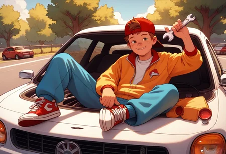 score_9, score_8, score_7, young, looking at viewer, perfect face, colorful, dramatic angle, jumpsuit, wrench in hand, sitting on car, sneakers, car repair, smile, red hat, backwards hat, brown hair, freckles, 1boy, solo, full body.