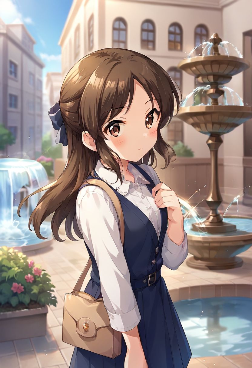 score_9, score_8_up, score_7_up, source_anime,tachibana arisu, brown eyes, brown hair, long hair, 1girl, solo, blush, bow, hair bow, outdoors, half updo, looking at viewer, bag, fountain, building, water