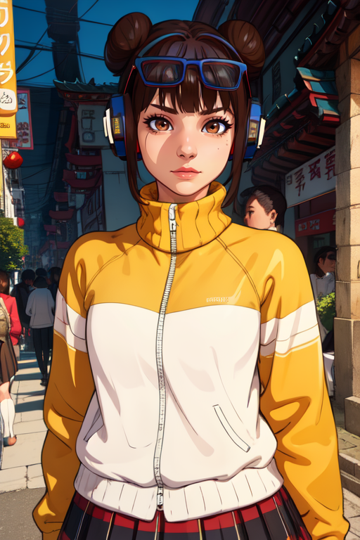 lifen, single hair bun, brown hair, brown eyes, 
eyewear on head,  headphones,  wyellow and white jacket, long sleeves,  kneehighs,  shorts under skirt, 
chinatown, morning, solo, 
standing, upper body, 
(insanely detailed, beautiful detailed face,, masterpiece, best quality) cinematic lighting, <lora:lifen:0.7>