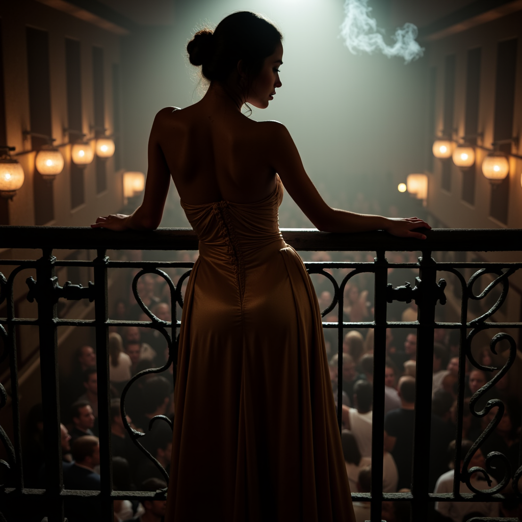 ultra realistic, ultra defined textures, cinematic, cinematic lighting, atop a wrought-iron balcony overlooking a crowded speakeasy, a woman leans on the railing, her long satin gown shimmering in the dim, ambient light. Her lace undergarments peek discreetly through a slit in the fabric, hinting at her allure. A backlight creates a striking silhouette, while a soft-focus lens captures the dreamlike haze of cigarette smoke swirling in the air. The angle, shot with a Contax II, frames her poised yet mysterious demeanor against the lively chaos below,  chiaroscuro, noir style <lora:noirsexyxxx:1>