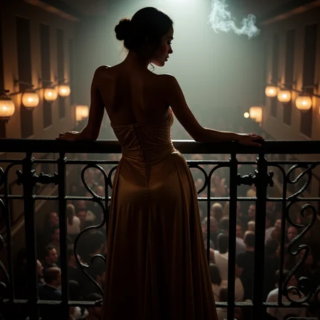 ultra realistic, ultra defined textures, cinematic, cinematic lighting, atop a wrought-iron balcony overlooking a crowded speakeasy, a woman leans on the railing, her long satin gown shimmering in the dim, ambient light. Her lace undergarments peek discreetly through a slit in the fabric, hinting at her allure. A backlight creates a striking silhouette, while a soft-focus lens captures the dreamlike haze of cigarette smoke swirling in the air. The angle, shot with a Contax II, frames her poised yet mysterious demeanor against the lively chaos below, chiaroscuro, noir style <lora:noirsexyxxx:1>