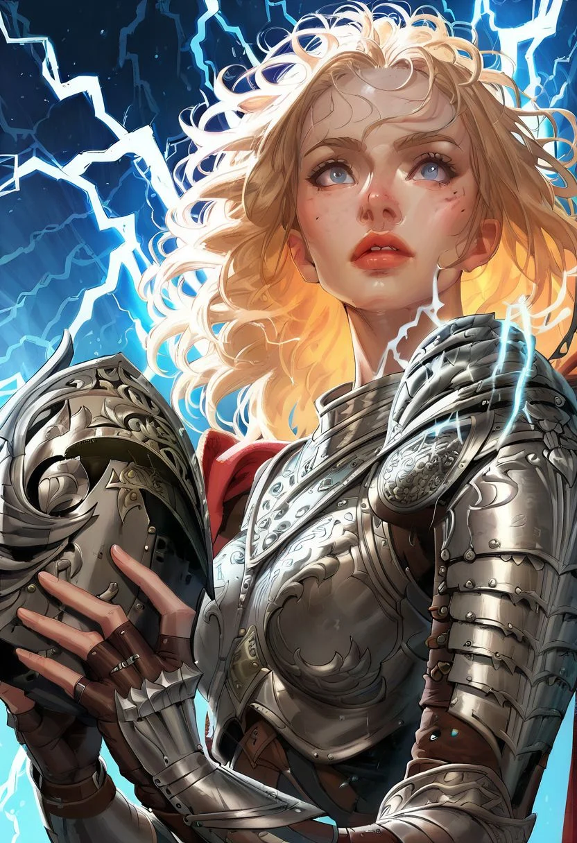 score_9,score_8_up,score_7_up,score_6_up, easynegative, SJ_Style, janef, long hair, cape, breastplate, helmet, single bracer, bandaged legs, fingerless gloves, 1girl, blonde hair, helmet removed, headwear removed, (((holding helmet))), freckles, dragon, parted lips, upper body, gauntlets, breastplate, armor, knight, plate armor, shoulder armor, blue eyes, teeth, half armor, pauldrons, lightning, electricity
