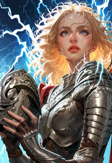 score_9,score_8_up,score_7_up,score_6_up, easynegative, SJ_Style, janef, long hair, cape, breastplate, helmet, single bracer, bandaged legs, fingerless gloves, 1girl, blonde hair, helmet removed, headwear removed, (((holding helmet))), freckles, dragon, parted lips, upper body, gauntlets, breastplate, armor, knight, plate armor, shoulder armor, blue eyes, teeth, half armor, pauldrons, lightning, electricity