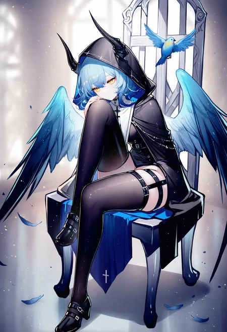 1girl, wings, solo, thighhighs, bird, yellow eyes, sitting, feathers, chair, blue hair, hood, horns, cross, short hair, shoes,
masterpiece,best quality,newest,absurdres,highres,very awa,<lora:sheya1_noob1.1-000198:0.8>,