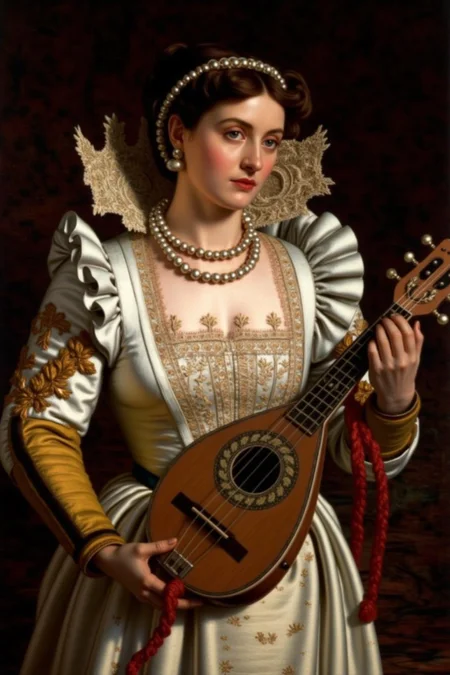 williamhhunt1 painting.
A woman from the Renaissance period, wearing a luxurious white gown with intricate gold-embroidered details along the bodice and puffed sleeves. Her attire includes a high lace-up collar with delicate lace and pearl accents. She is playing a lute. <lora:williamhhunt1_cap_d6a3e9:1.0><lora:838051727228927820:0>