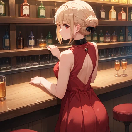 score_9, score_8_up, score_7_up, score_6_up, score_5_up, score_4_up, BREAK source_anime, look at viewer, 1girl, solo, indoors, bar, from behind, masterpiece, best quality, high detailed skin, nishikigi chisato, chisato dress, short hair, blonde hair, hair bun, black ribbon, red eyes, pendant, black collar, red dress, sleeveless dress, cleavage, pantyhose,
