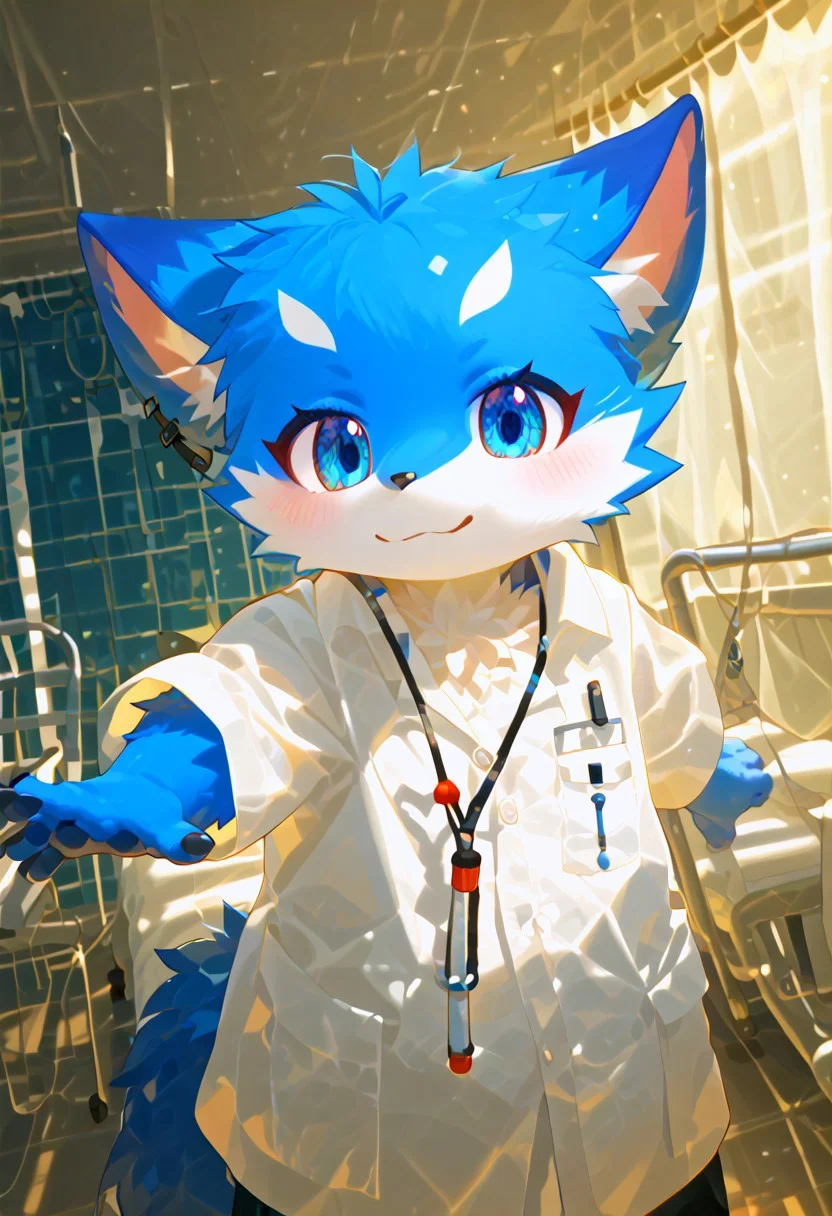levelonerubili, zuppu11, animal, blue eyes, blue fox, (doctor), furry, furry male, no humans, hospital, score_9, score_8_up, score_7_up, zPDXL3, looking at viewer, solo, cute, white doctor shirt, Expressiveh, blushing