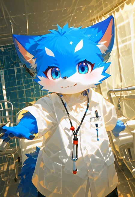 levelonerubili, zuppu11, animal, blue eyes, blue fox, (doctor), furry, furry male, no humans, hospital, score_9, score_8_up, score_7_up, zPDXL3, looking at viewer, solo, cute, white doctor shirt, Expressiveh, blushing