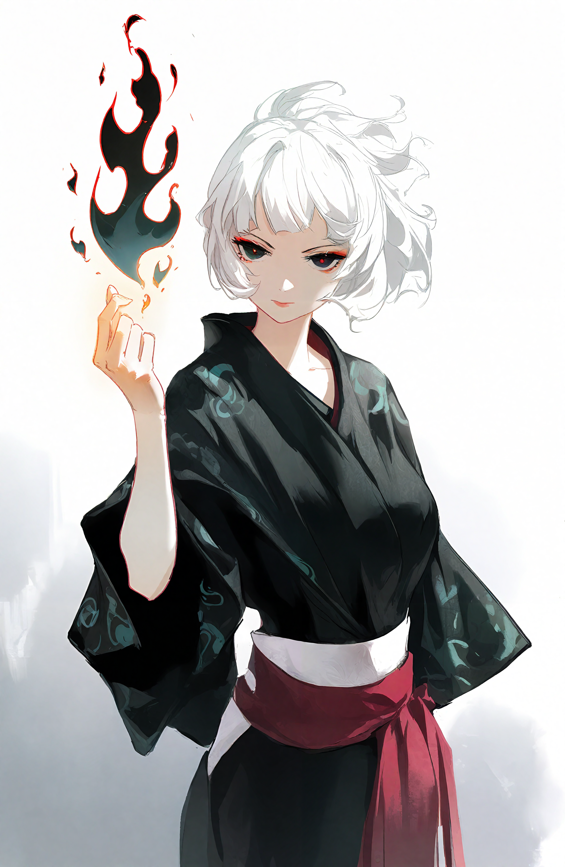 solo, looking_at_viewer, short_hair, white_hair, japanese_clothes, grey_background, fire, black_kimono
