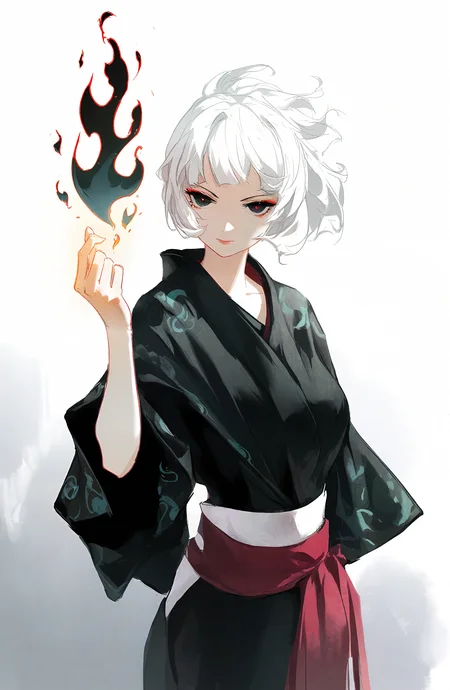 solo, looking_at_viewer, short_hair, white_hair, japanese_clothes, grey_background, fire, black_kimono