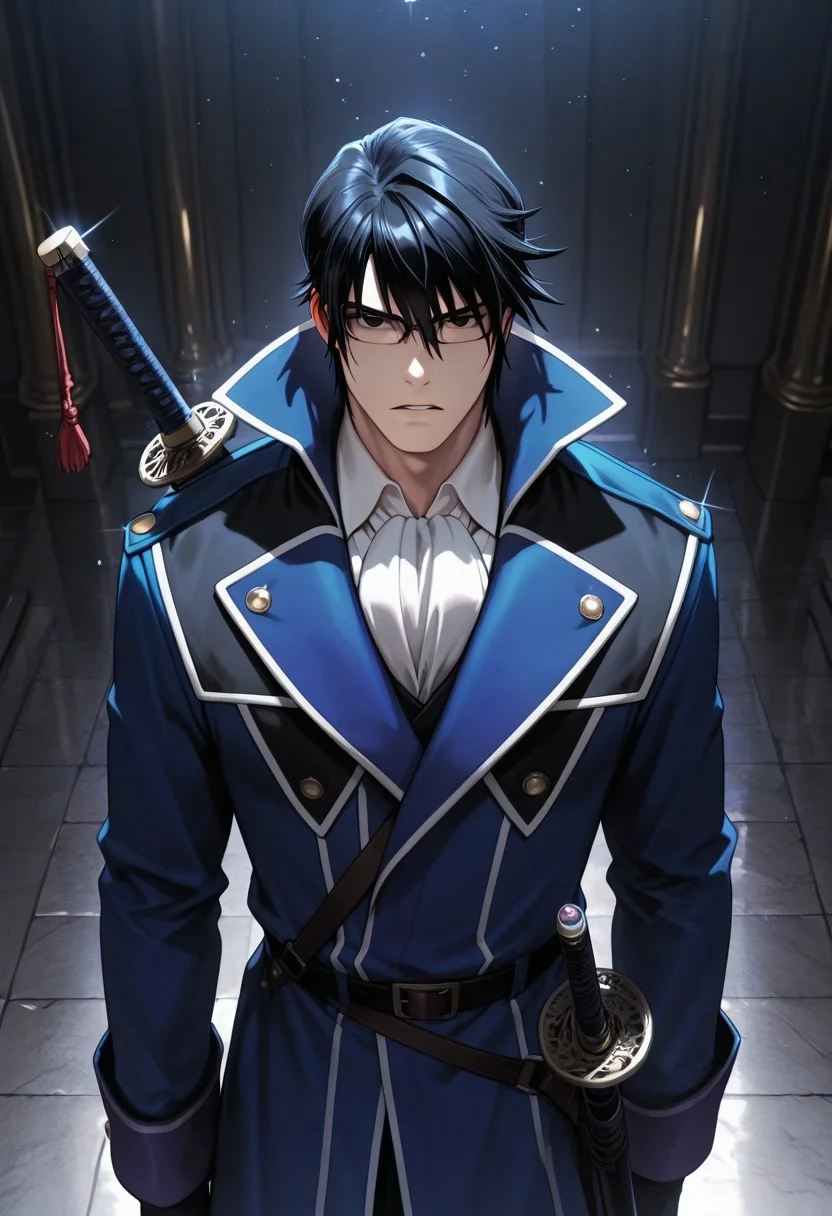 masterpiece, best quality, amazing quality, absurdres, newest, detailed background, definition so sharp, Ultra-HD, 8K cinematic, very awa, impressionate, amazing quality, highres,
solo, male focus, manly, mature male, bara, cool coloring, aesthetic,
reishimunakata, reishi_black hair, reishi_black eyes, 1boy, short hair, glasses, blue coat, white collared shirt, ascot,
parted lips, serious face, charming, sparkle, looking at viewer, focus on sword, sword on front face, standing,