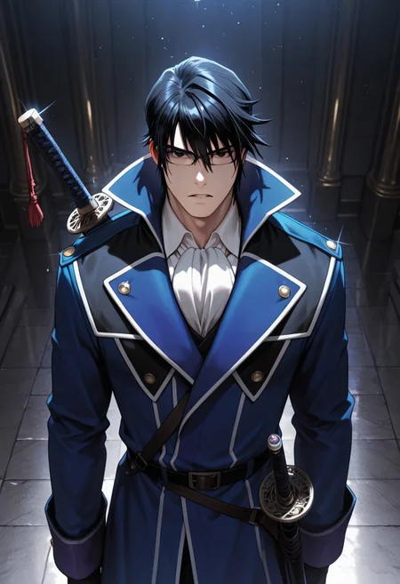 masterpiece, best quality, amazing quality, absurdres, newest, detailed background, definition so sharp, Ultra-HD, 8K cinematic, very awa, impressionate, amazing quality, highres,
solo, male focus, manly, mature male, bara, cool coloring, aesthetic,
reishimunakata, reishi_black hair, reishi_black eyes, 1boy, short hair, glasses, blue coat, white collared shirt, ascot,
parted lips, serious face, charming, sparkle, looking at viewer, focus on sword, sword on front face, standing,