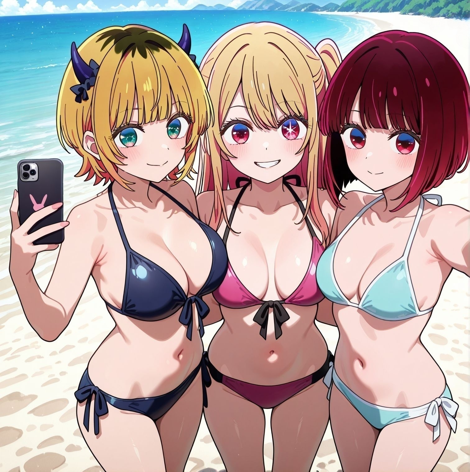 masterpiece,best quality,amazing quality,very aesthetic,absurdres,newest,huge filesize,
<lora:spo_sdxl_10ep_4k-data_lora_webui:0.5>,
<lora:add-detail-xl:1>flat color, anime coloring,  anime screenshot, uncensored, 
<lora:selfie:1> , selfie_V1,
breasts,
3girls,
smile, holding phone,
group  selfie,
beach,  swimsuit, 
memcho, no oshi no ko,  official art, 
hoshino aquamarine, 
hoshino ruby, 
arima kana,