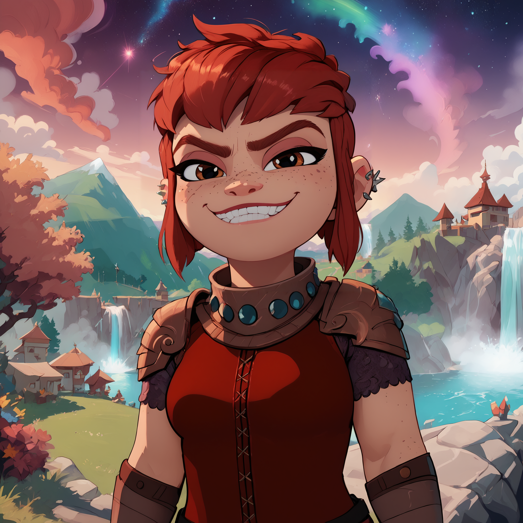 score_9, score_8_up, score_7_up, (emphasized-details:1.3), good_hands, better_hands, NimonaXL, short red hair, sidelocks, brown eyes, freckles, smug, smiling, ear piercing, miniskirt, red tunic, looking at viewer, (fingerless gloves:1.3), shoulder armor, medium breasts, slender torso, standing, cowboy shot, nightime, outdoors, amazing multicolored nature landscape, numerous trees, vibrant multicolored cosmic nebula in sky, vivid aurora borealis, waterfall in background,  <lora:NimonaXL-11:0.9> <lora:pony_good_hands:1> <lora:detailed_notrigger:2>