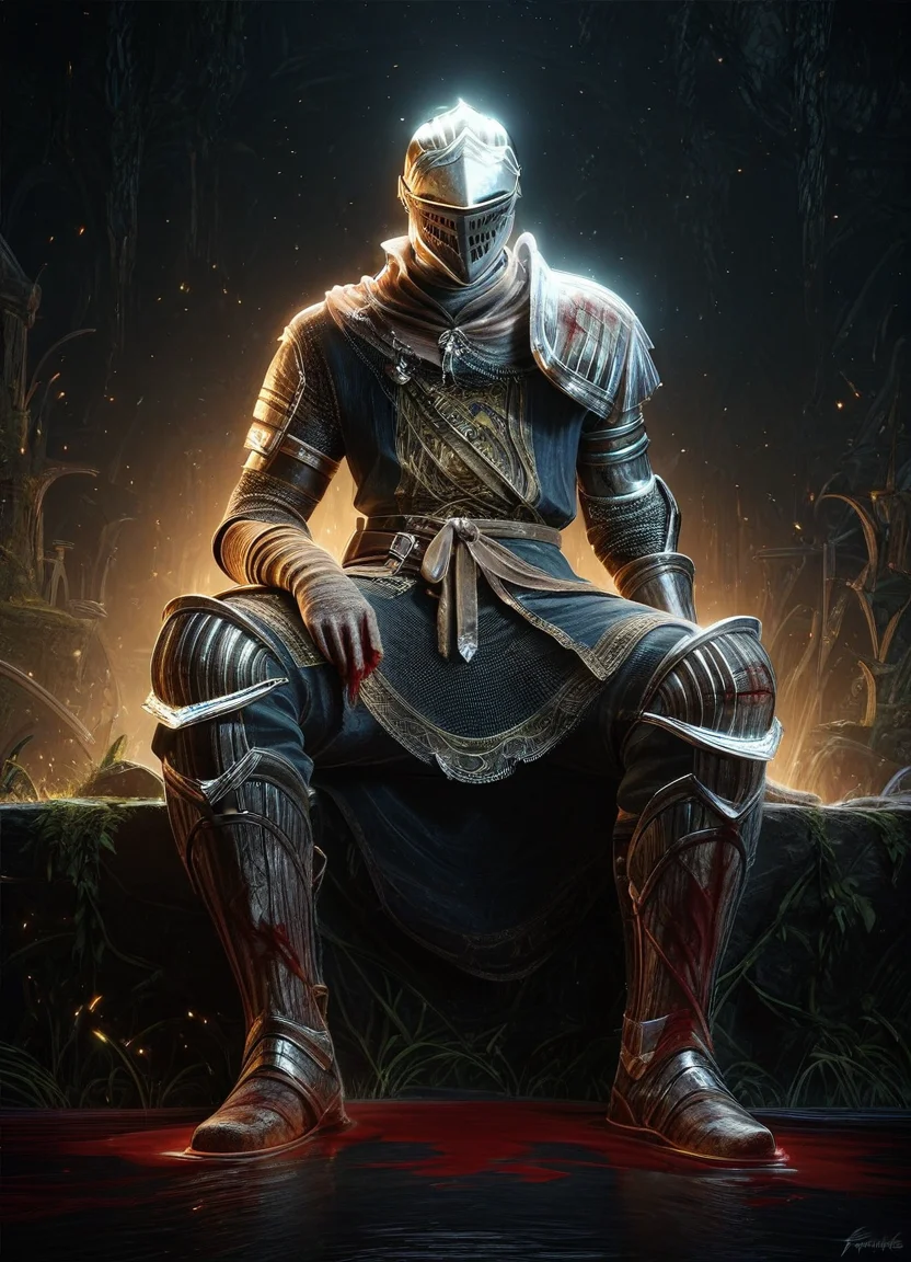 elite_knight dark souls knight, score_9, score_8_up, score_7_up, score_6_up, score_5_up, score_4_up, reclining male solo armor helmet boots, (blood wounded:1.25), night starry_sky dramatic_lighting dungeon stone_wall river embers, <lora:Elite_Knight_Set__Dark_Souls__PonyXL:0.9> <lora:Wisps_of_Light_Pony:0.7> mad-wsps