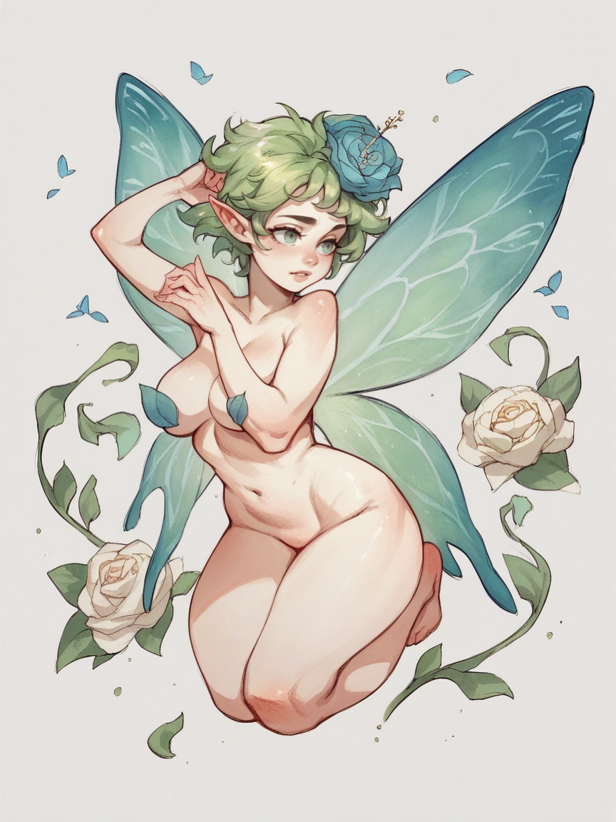 score_9, score_8_up, score_7_up, score_6_up, score_5_up, score_4_up,  <lora:d41syXLP:0.8> 1girl, d41sy, fairy, large flower, naked, white background, curvy, watercolor,