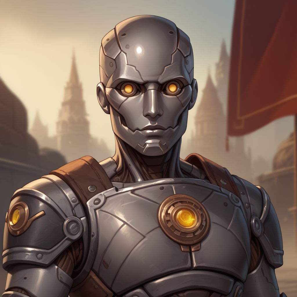 score_9, score_8_up, 8, score_7_up, score_6_up, ((masterpiece)), portrair, 
warforged, metal body, robot, 1boy, yellow eyes, grey metal,
fantasy background, blurred background