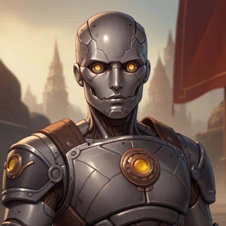 score_9, score_8_up, 8, score_7_up, score_6_up, ((masterpiece)), portrair, 
warforged, metal body, robot, 1boy, yellow eyes, grey metal,
fantasy background, blurred background