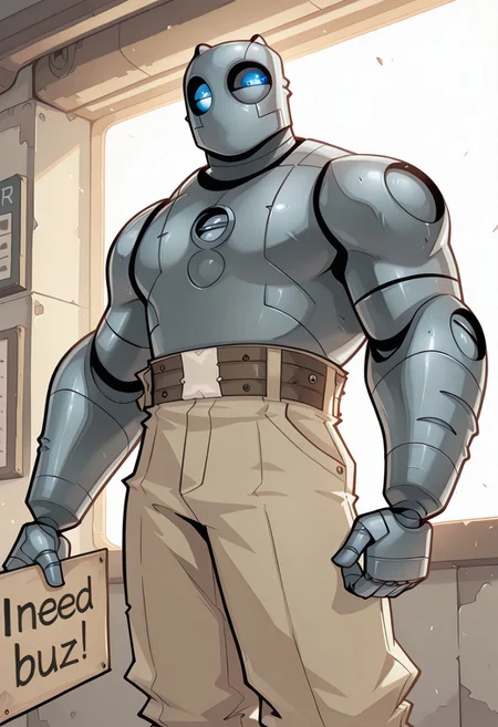 solo, masterpiece, best quality, high resolution, ultra-detailed, absurdres, volumetric lighting, 1boy, male focus, At0micR0bo, robot, humanoid robot, glowing blue eyes, pants, shirtless,  need_buzz, holding sign