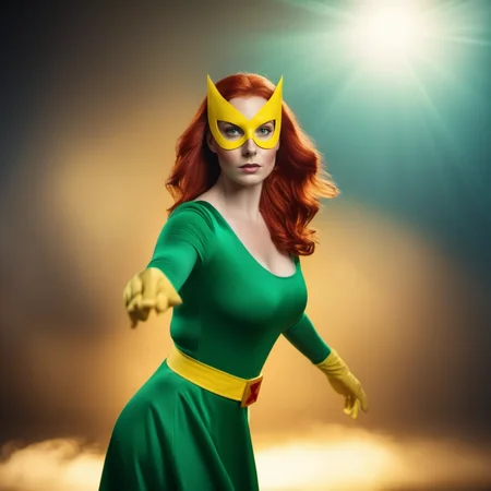 cinematic film still a full body redhead woman wears a green dress and a yellow mask, powerfull superhero <lora:MarvelGirl1024:0.8> . shallow depth of field, vignette, highly detailed, high budget, bokeh, cinemascope, moody, epic, gorgeous, film grain, grainy