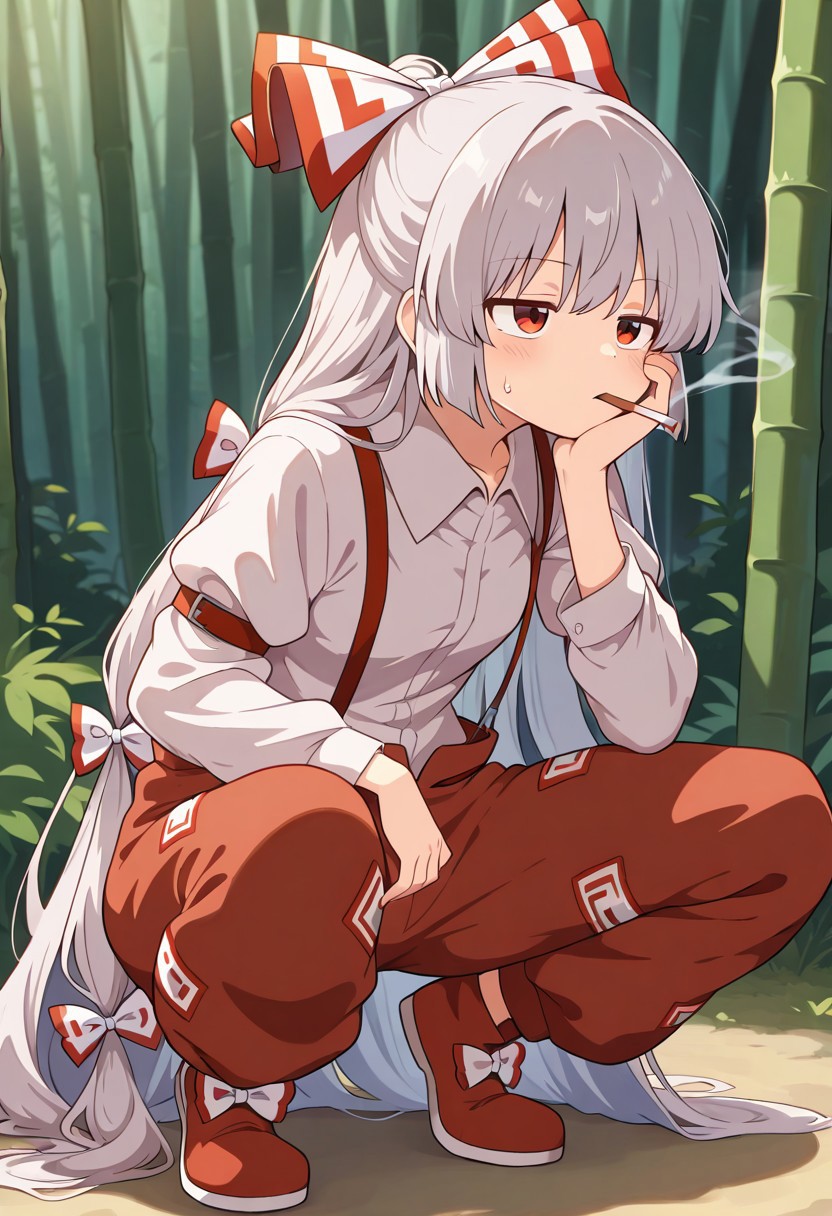 detailed, absurdres, highres, masterpiece, best quality, amazing quality, 1girl, solo, fujiwara_no_mokou, Touhou, long_hair, hair_bow, very_long_hair, white_hair, grey_hair, red_eyes, bow, shirt, pants, red_pants, white_shirt, white_bow, collared_shirt, long_sleeves, ofuda_on_clothes, suspenders, fire, ofuda, cigarette, smoking, squatting, bamboo, forest