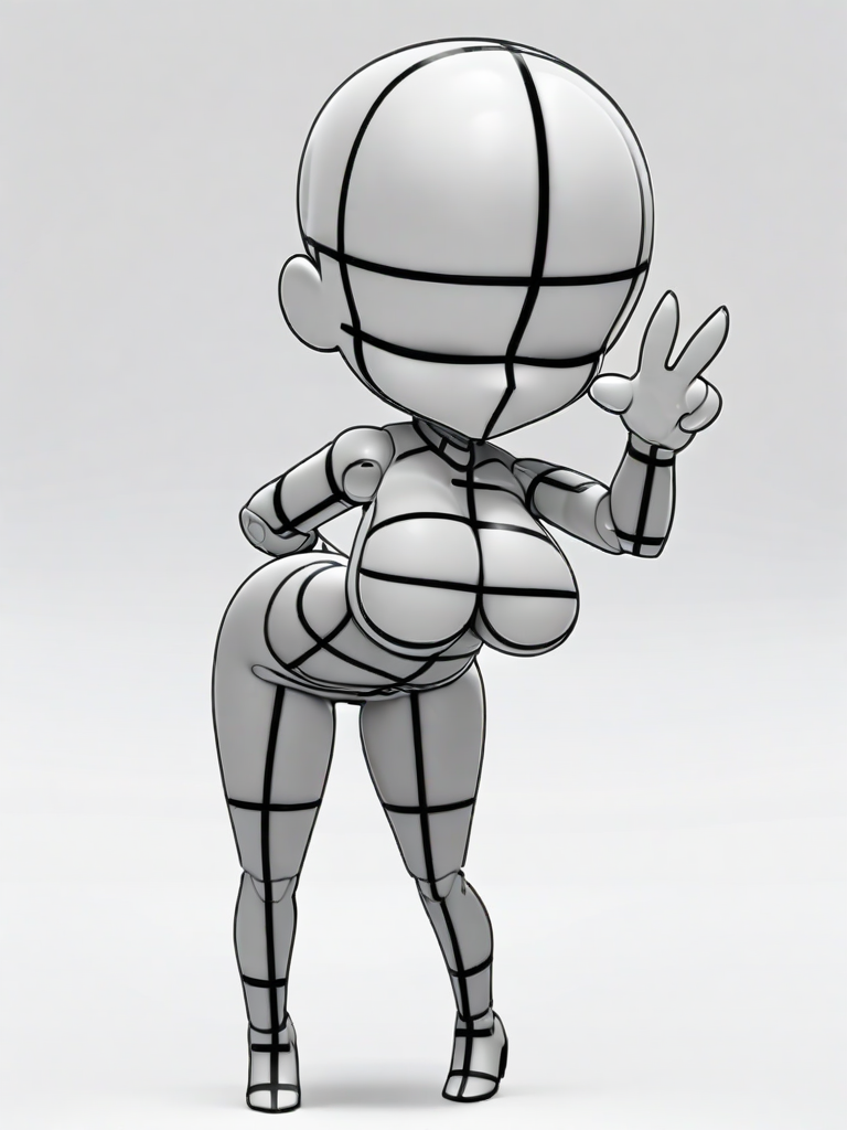 masterpiece, best quality, kawaii, (chibi:1.8),
bodychan, 3d, grey skin, (wireframe:1.2), faceless, bald, 1girl, solo, breasts, (big breasts), simple background, white background, medium breasts, monochrome, full body, standing, head tilt, (v), (bent over), hand up, looking at viewer, greyscale, colored skin, joints, legs up