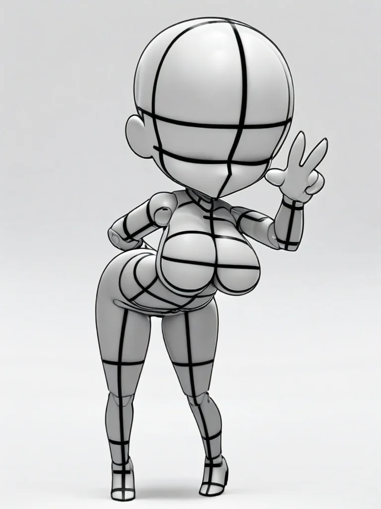 masterpiece, best quality, kawaii, (chibi:1.8),
bodychan, 3d, grey skin, (wireframe:1.2), faceless, bald, 1girl, solo, breasts, (big breasts), simple background, white background, medium breasts, monochrome, full body, standing, head tilt, (v), (bent over), hand up, looking at viewer, greyscale, colored skin, joints, legs up