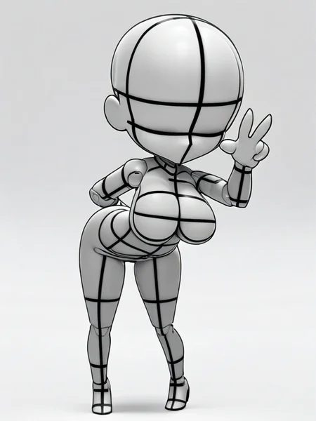 masterpiece, best quality, kawaii, (chibi:1.8),
bodychan, 3d, grey skin, (wireframe:1.2), faceless, bald, 1girl, solo, breasts, (big breasts), simple background, white background, medium breasts, monochrome, full body, standing, head tilt, (v), (bent over), hand up, looking at viewer, greyscale, colored skin, joints, legs up