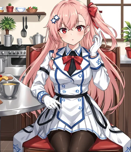 <lora:Negev_Girls_Frontline:1> negev, pink hair, red eyes, bangs, star of david hair accessories, white gloves, skirt, pantyhose, sitting in chair, kitchen, potted plant in backgroun