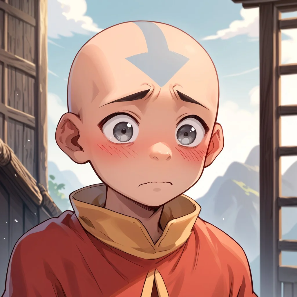 score_9, score_8_up, score_7_up, score_6_up, score_5_up, score_4_up, 1boy, Aangava, grey eyes, avatarstate, bald, portrait, blushing, embarrassed, solo