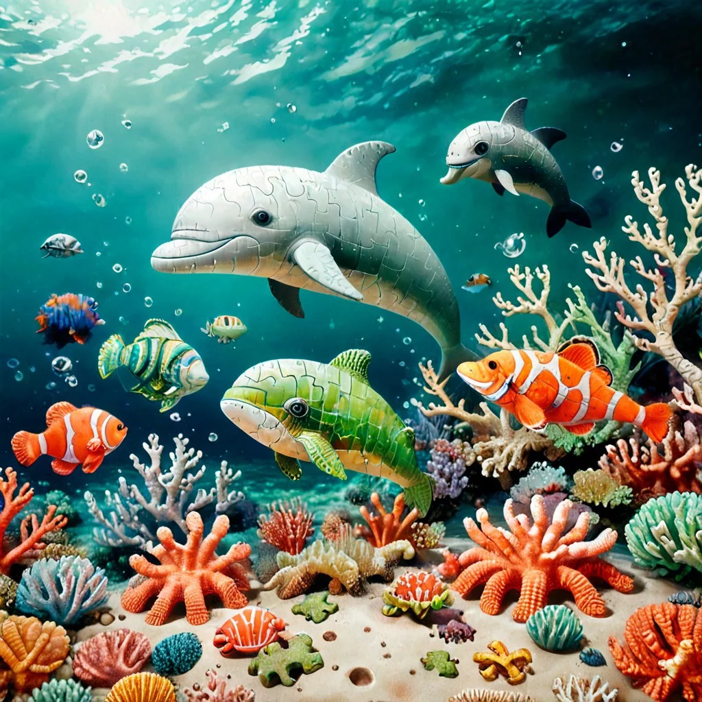 Underwater Puzzle World
Draw an ocean where all the inhabitants - fish, corals, Octopus, cuttlefish, seahorse - are made of puzzles. In the center of the scene is a giant whale made of blue and green puzzles, and around it swim colorful jellyfish that are not yet fully assembled. At the bottom of the ocean is a shipwreck that is slowly being assembled from puzzles.